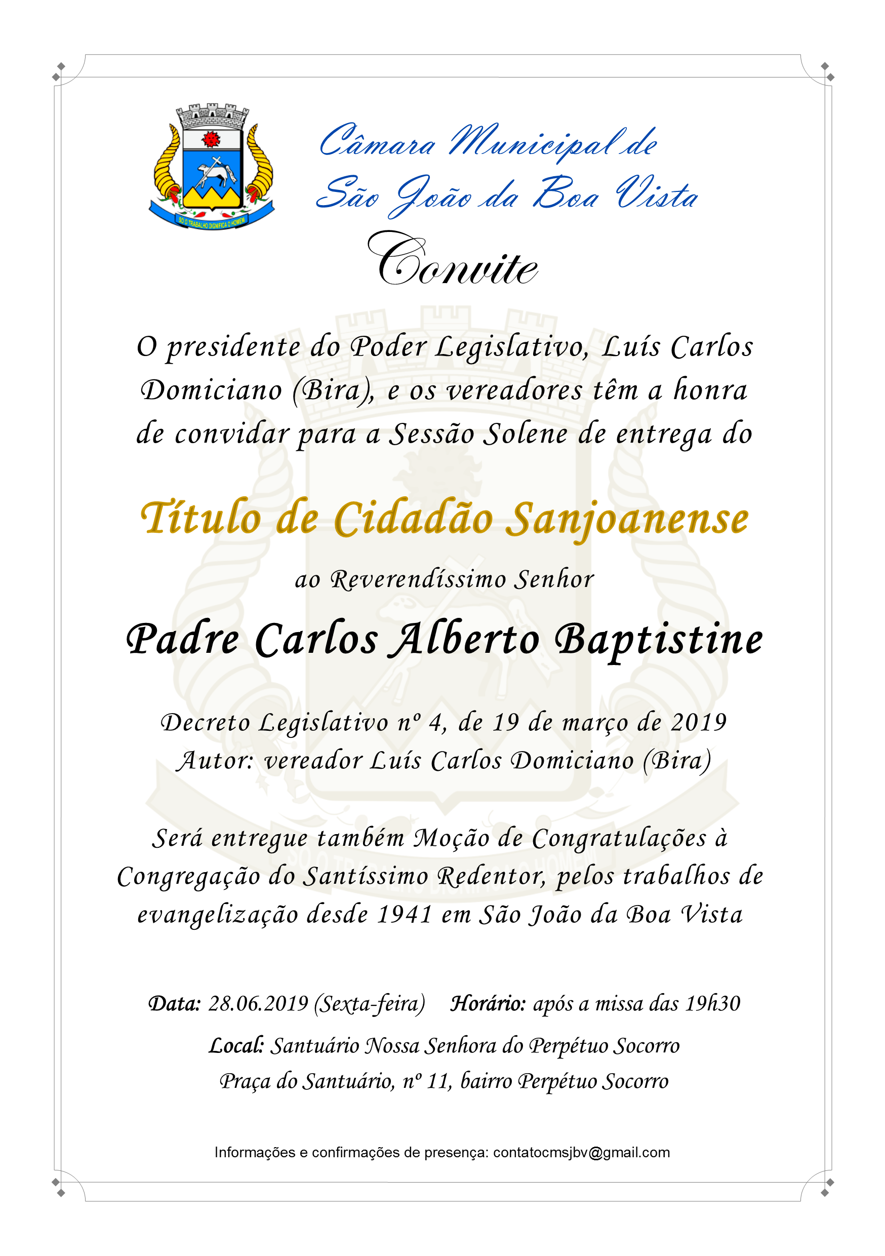 Câmara convida a população para entrega do Título de Cidadão Sanjoanense ao Padre Carlos Alberto Baptistine