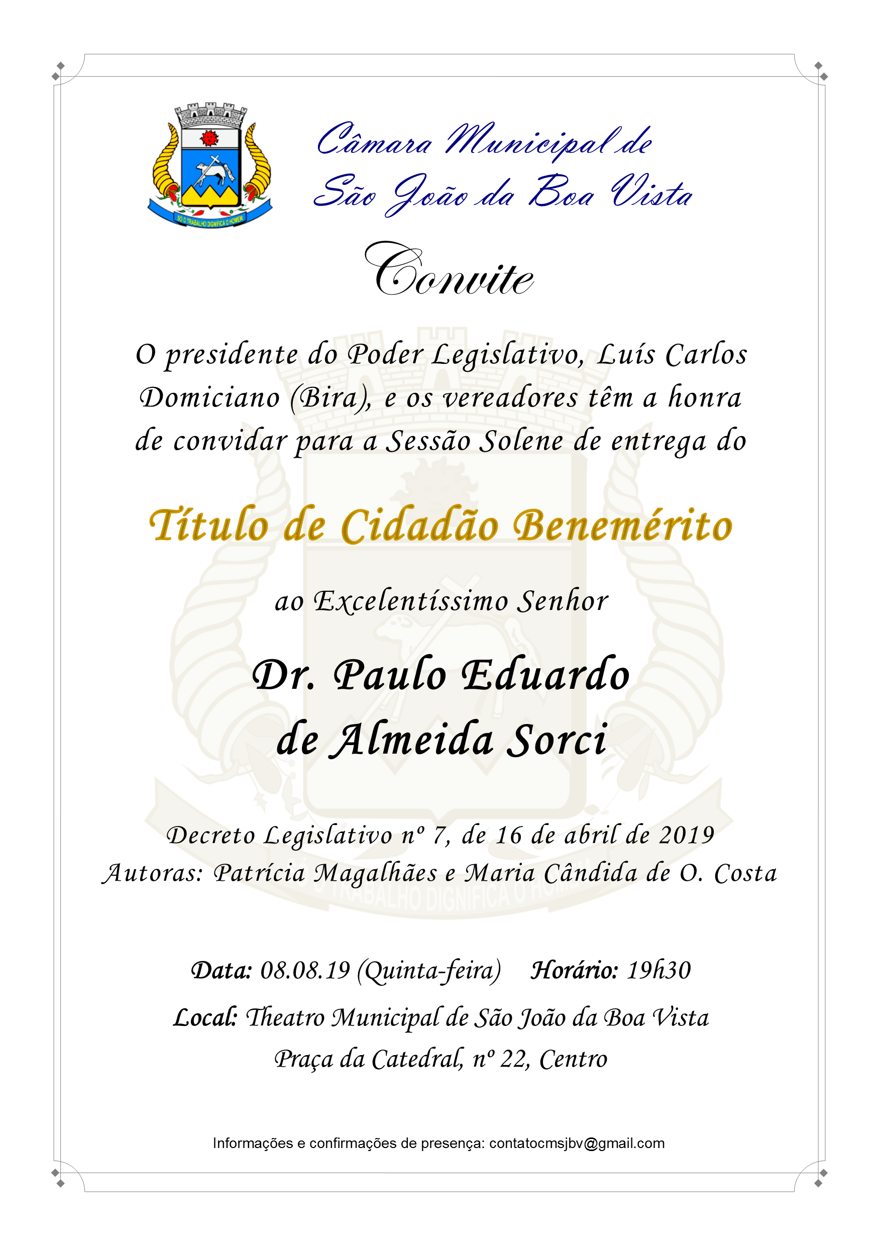 Câmara convida para entrega do Título de Cidadão Benemérito a Paulo Eduardo de Almeida Sorci no dia 8 de agosto