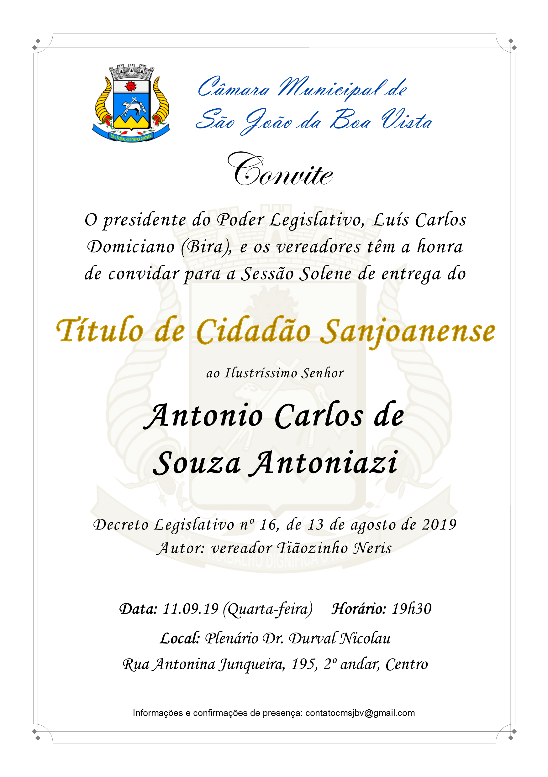 Câmara convida para entrega do Título de Cidadão Sanjoanense a Antonio Carlos de Souza Antoniazi