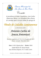 Câmara convida para entrega do Título de Cidadão Sanjoanense a Antonio Carlos de Souza Antoniazi