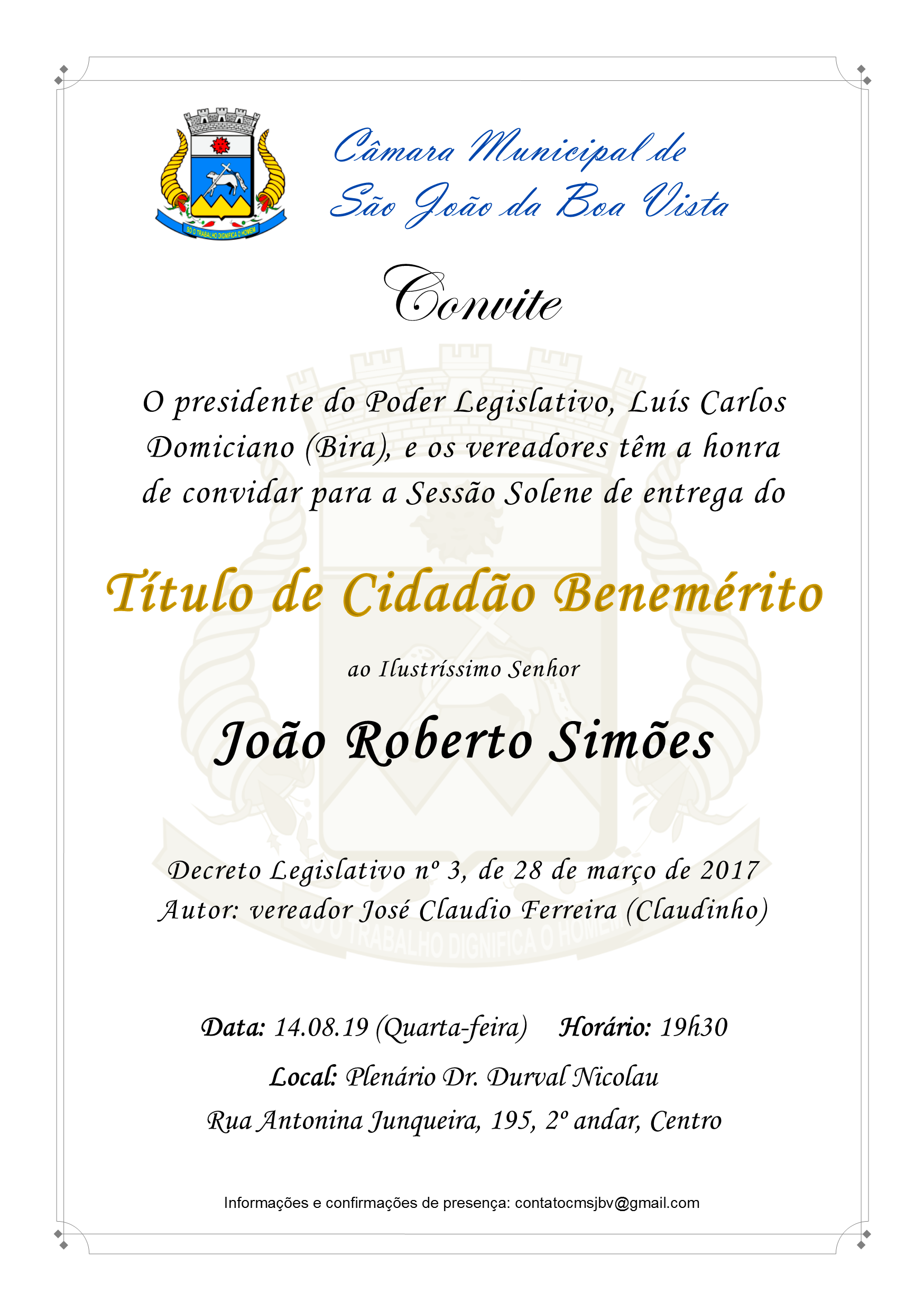 Câmara convida para Sessão Solene em homenagem a João Roberto Simões