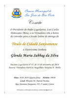 Câmara convida população para entrega do Título de Cidadã Sanjoanense Glenda Maria Sabbag da Silva