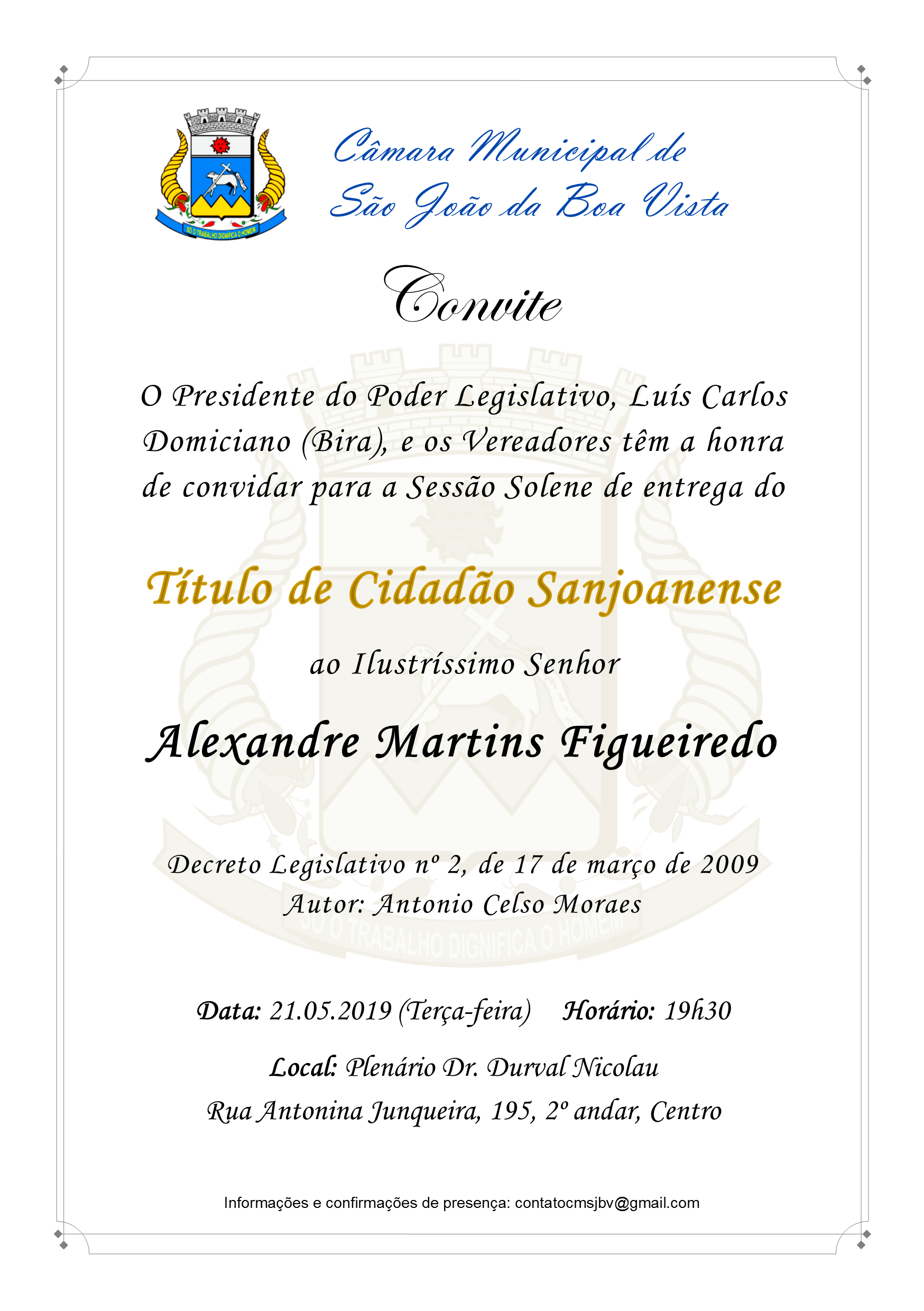 Câmara convida população para entrega do Título de Cidadão Sanjoanense a Alexandre Martins Figueiredo