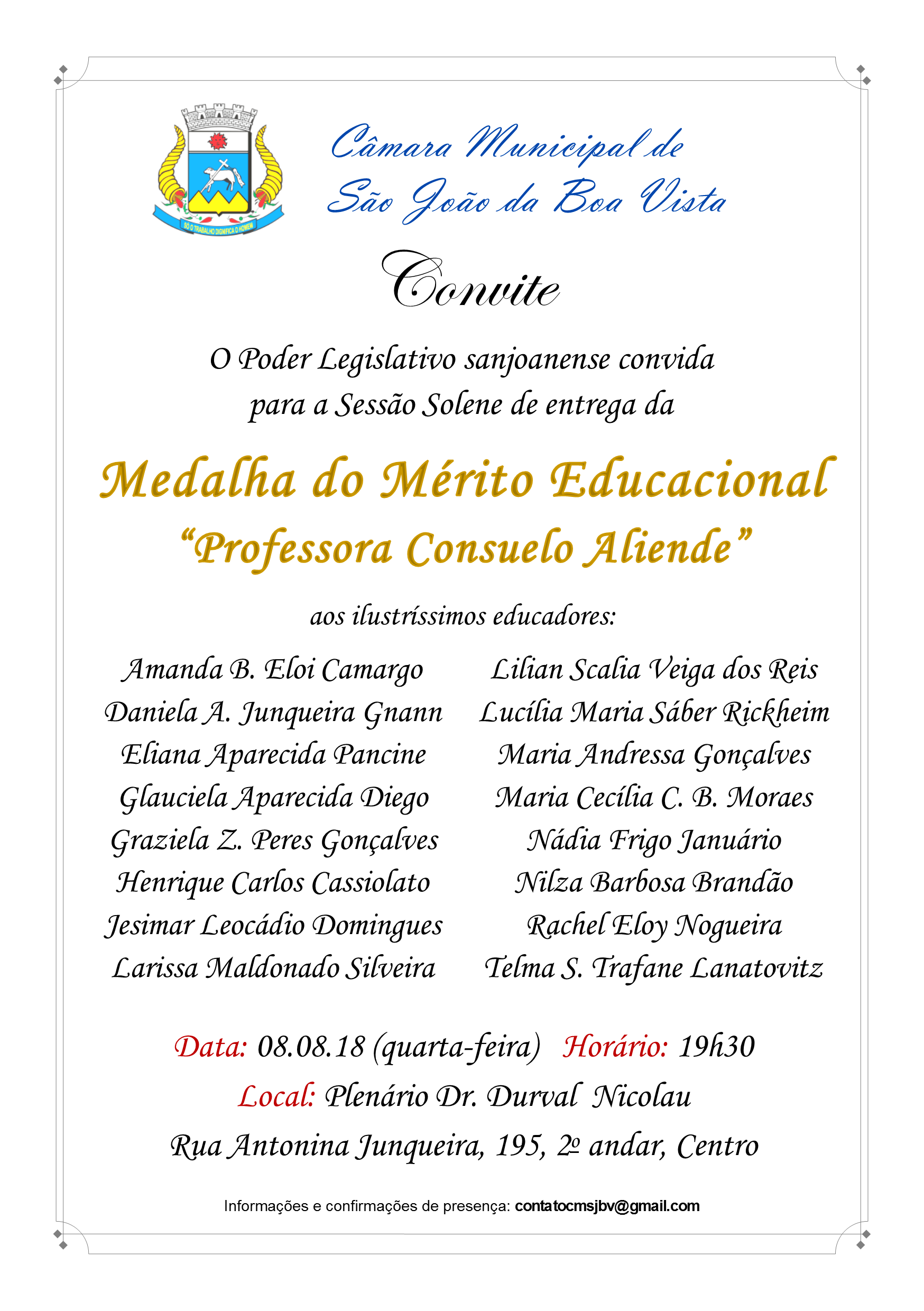 Câmara convida população para Sessão Solene de homenagem aos professores no dia 08.08.18