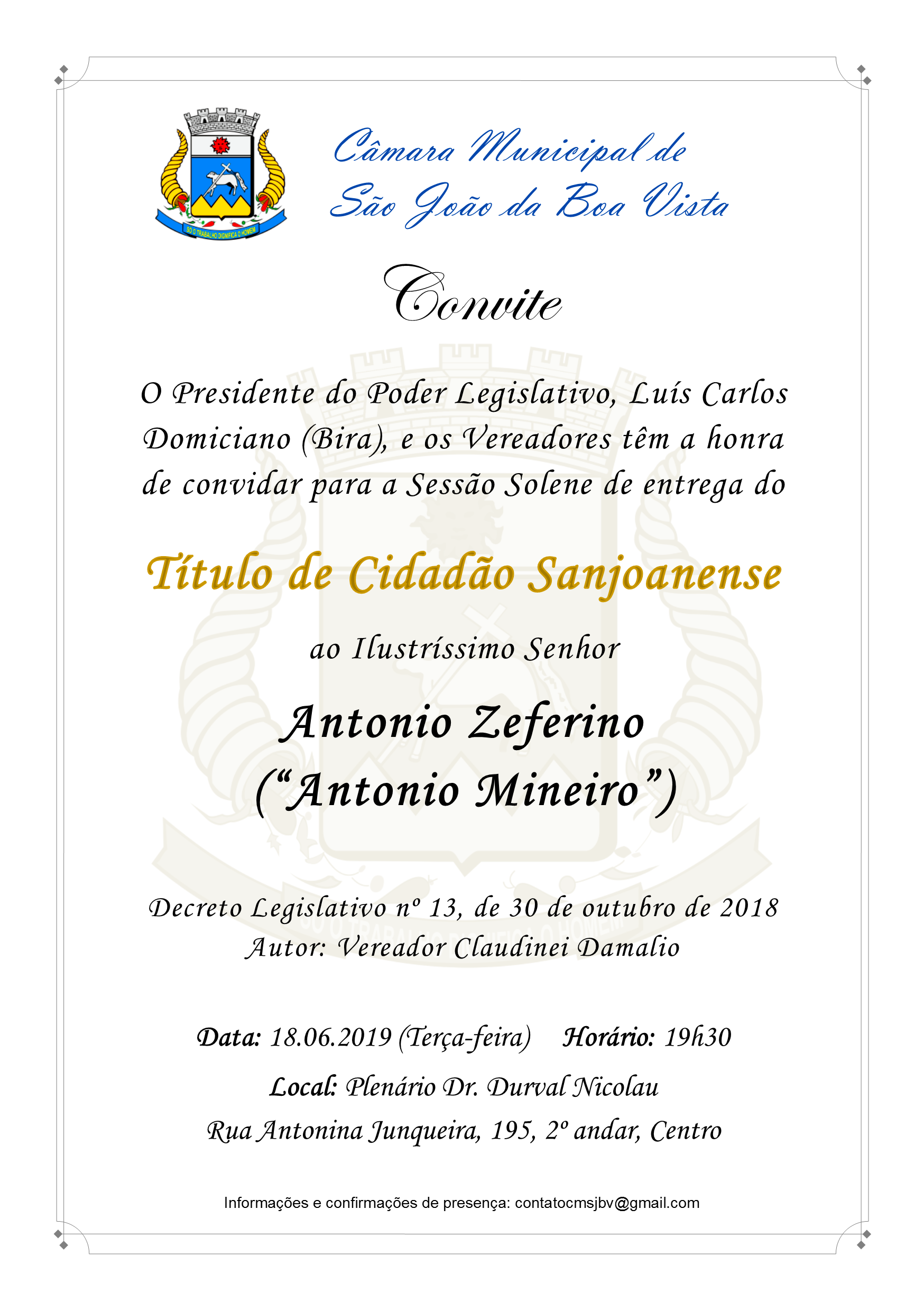 Câmara Municipal convida a população para entrega do Título de Cidadão Sanjoanense para Antonio Mineiro
