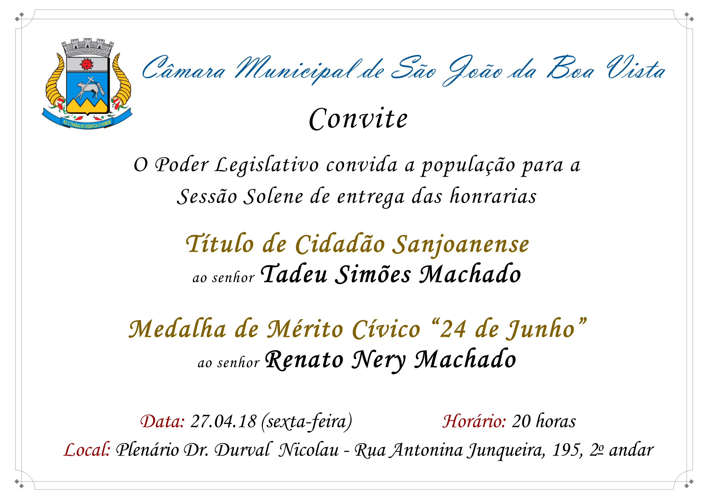 Câmara Municipal convida a população para Sessão Solene no dia 27.04.18
