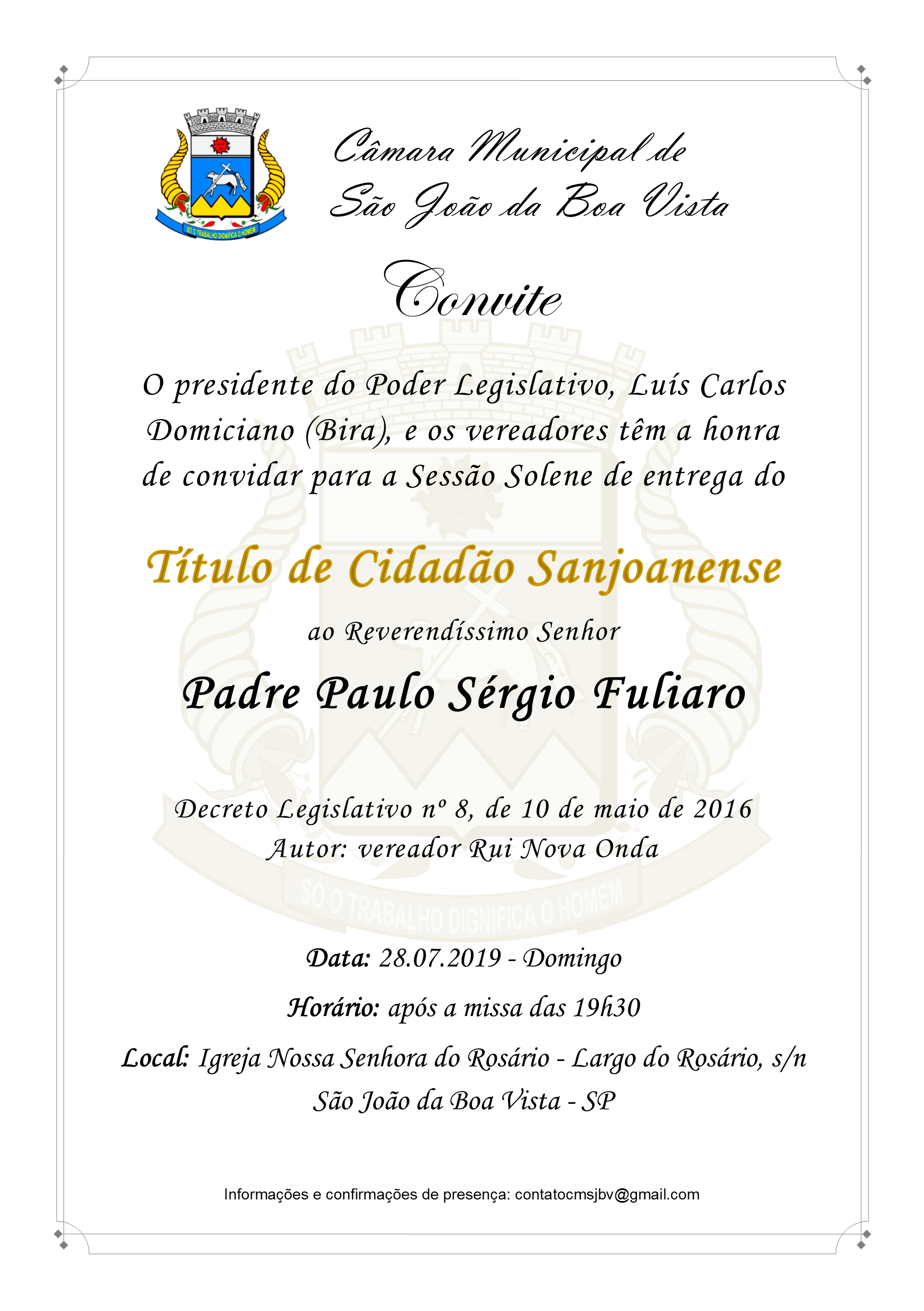 Legislativo convida para Sessão Solene de concessão do Título de Cidadão Sanjoanense ao padre Paulo Fuliaro