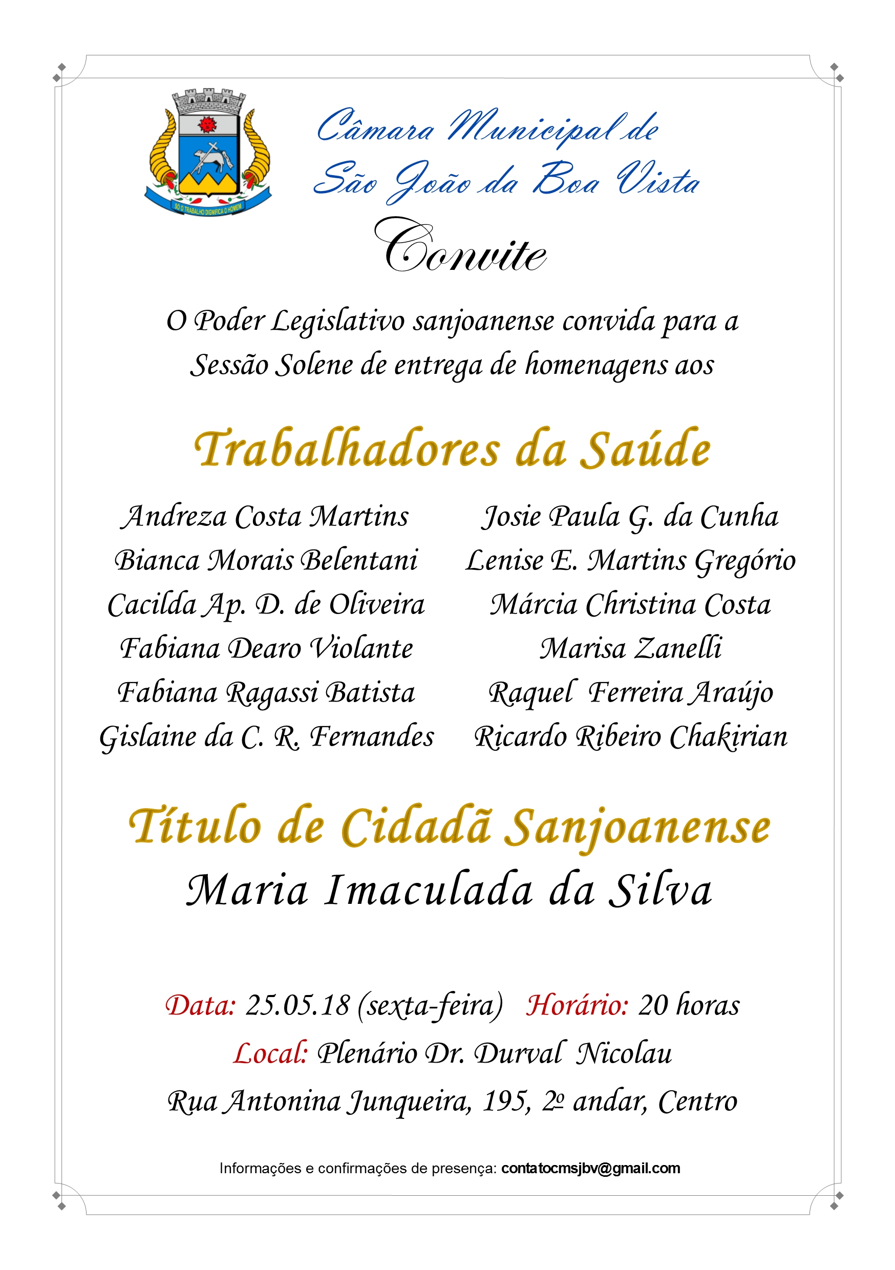 Câmara convida população para homenagem aos Trabalhadores da Saúde e Título de Cidadã Sanjoanense