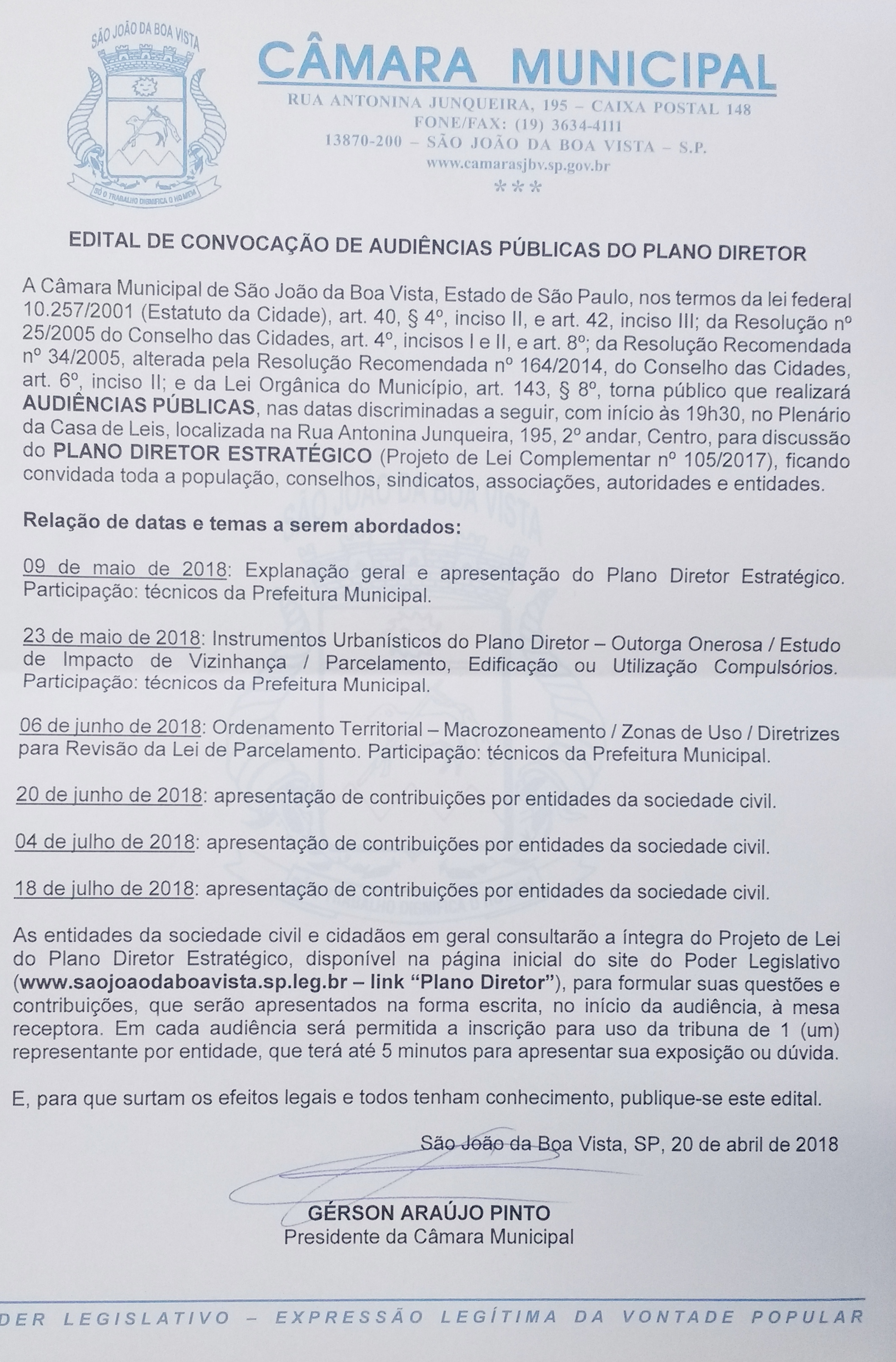 Câmara publica edital para Audiências Públicas do Plano Diretor; clique e leia